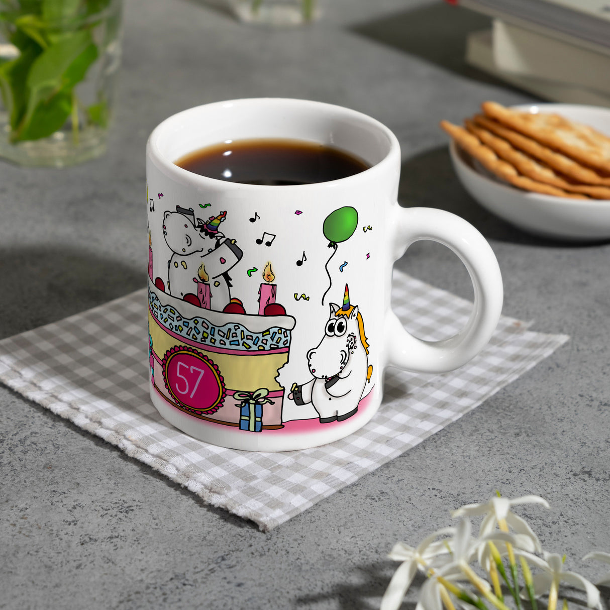 Kaffeebecher mit Einhorn Geburtstagsparty Motiv zum 57. Geburtstag