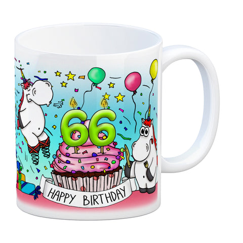 Honeycorns Tasse zum 66. Geburtstag mit Muffin und Einhorn Party