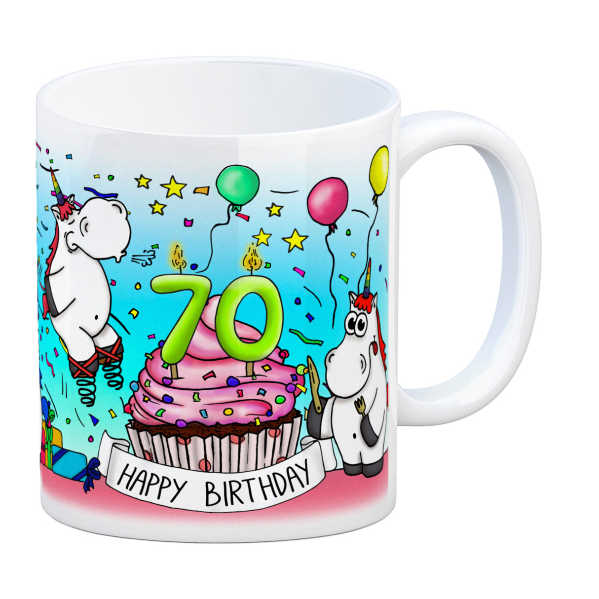 Honeycorns Tasse zum 70. Geburtstag mit Muffin und Einhorn Party