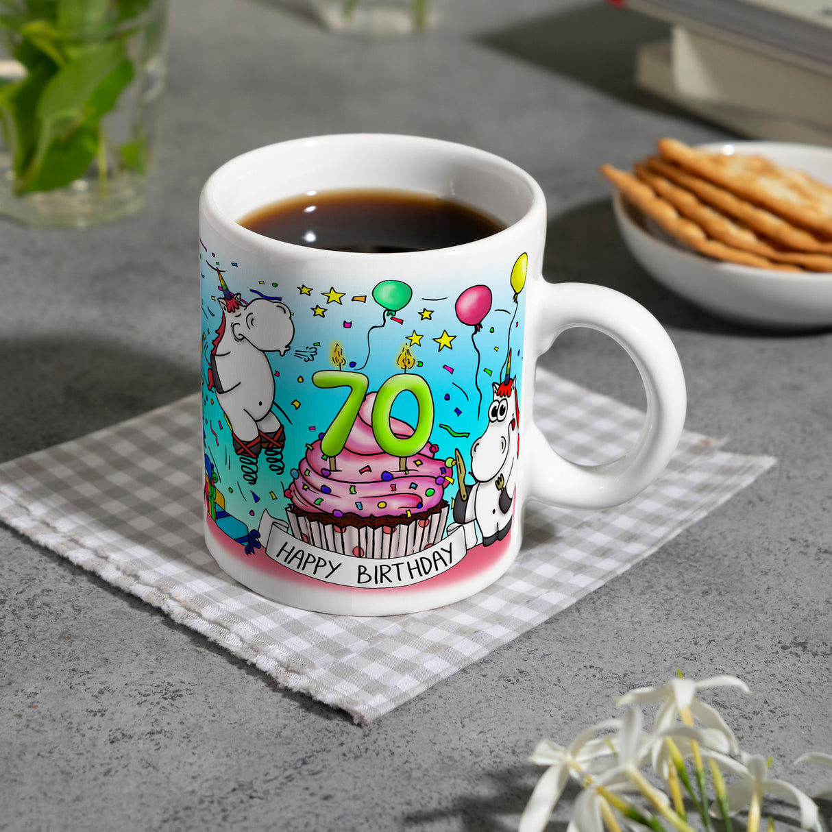 Honeycorns Tasse zum 70. Geburtstag mit Muffin und Einhorn Party