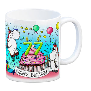 Honeycorns Tasse zum 77. Geburtstag mit Muffin und Einhorn Party
