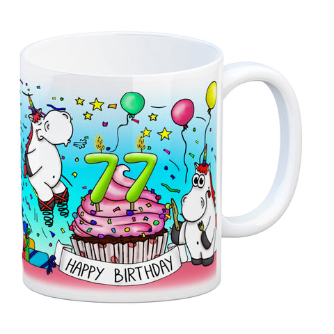 Honeycorns Tasse zum 77. Geburtstag mit Muffin und Einhorn Party