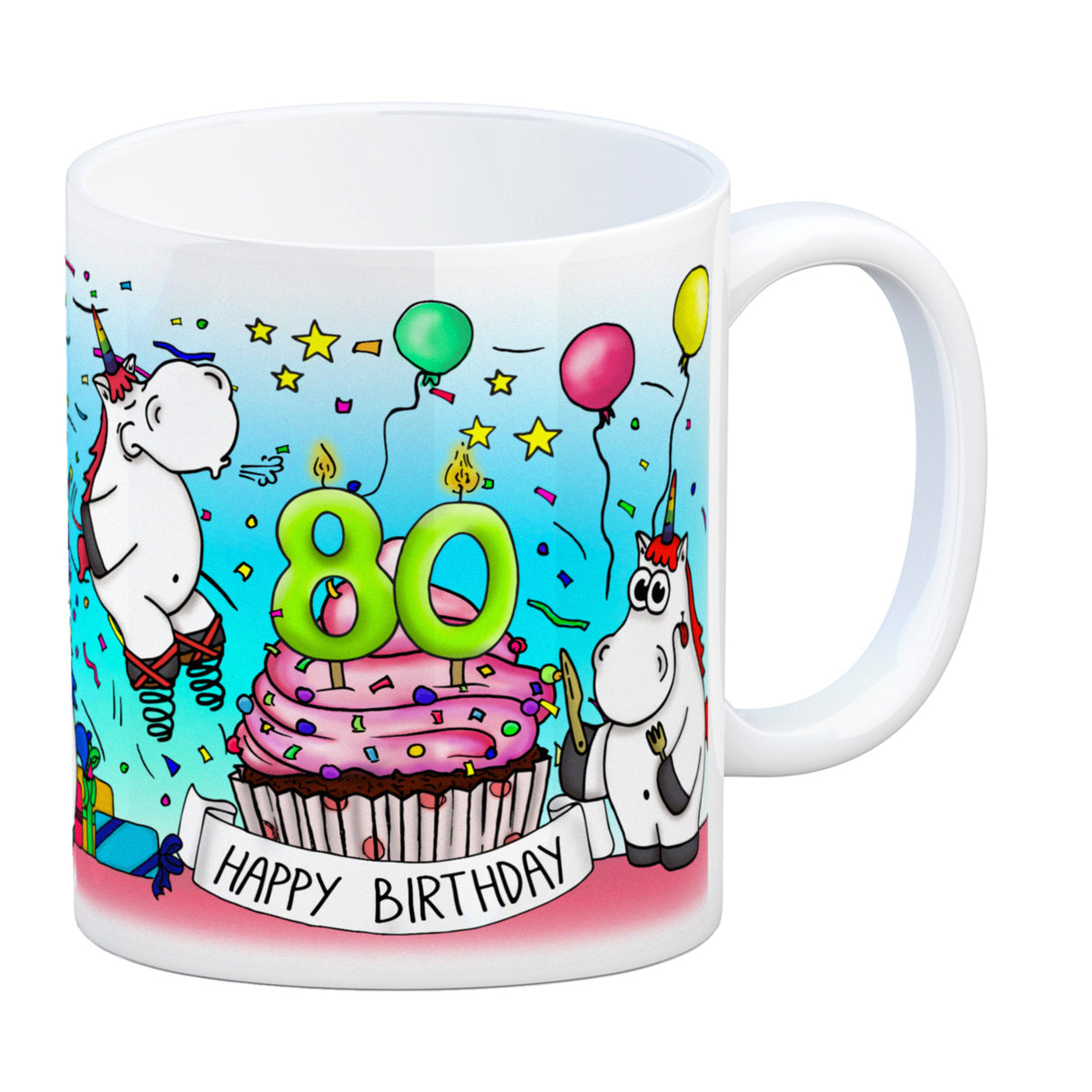 Honeycorns Tasse zum 80. Geburtstag mit Muffin und Einhorn Party