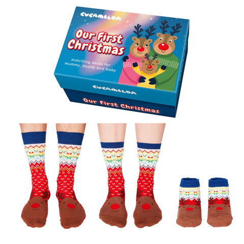 Unser 1. Weihnachten Rentier Cucamelon Socken für Vater, Mutter & Baby (3 Paar)