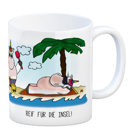 Honeycorns Kaffeebecher mit Einhorn Motiv und Spruch: Reif für die Insel!