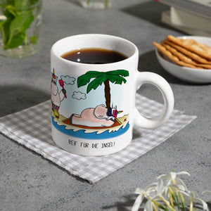 Honeycorns Kaffeebecher mit Einhorn Motiv und Spruch: Reif für die Insel!