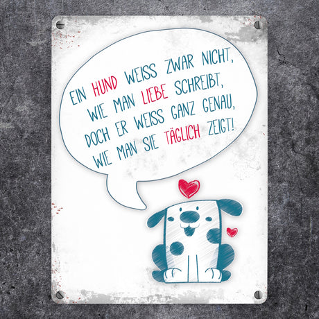 Metallschild mit Spruch: Ein Hund zeigt täglich seine Liebe