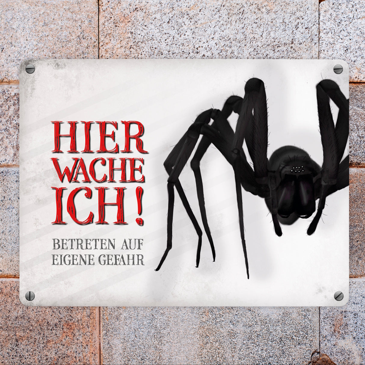 Metallschild mit Spinne Motiv und Spruch: Betreten auf eigene Gefahr ...