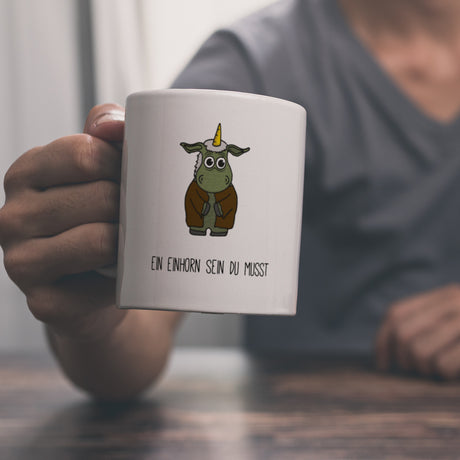 Honeycorns Kaffeebecher mit Einhorn Motiv und Spruch: Ein Einhorn sein du musst