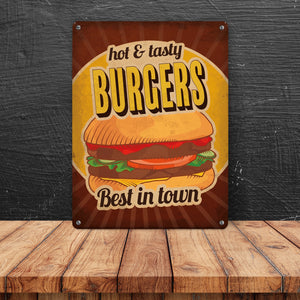 Metallschild mit American Diner Classics - Burgers Motiv