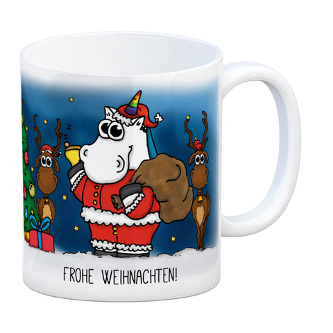 Honeycorns Kaffeebecher mit Einhorn Weihnachtsmann Motiv und Spruch: Frohe Weihnachten