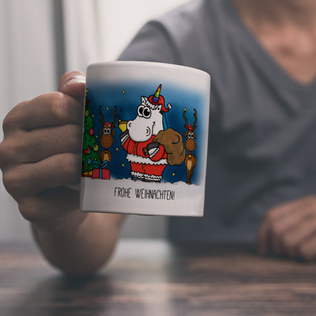 Honeycorns Kaffeebecher mit Einhorn Weihnachtsmann Motiv und Spruch: Frohe Weihnachten