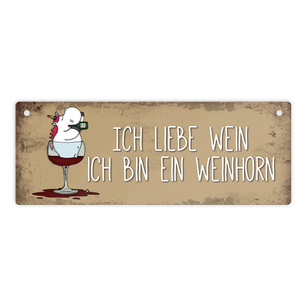 Honeycorns Metallschild mit Einhorn Motiv und Spruch: Ich liebe Wein, ich bin ein Weinhorn