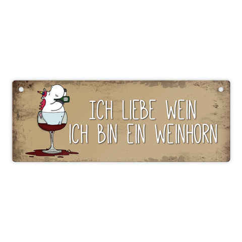 Honeycorns Metallschild mit Einhorn Motiv und Spruch: Ich liebe Wein, ich bin ein Weinhorn