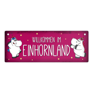 Honeycorns Metallschild mit Einhorn Stadtschild Motiv und Spruch: Willkommen im Einhornland