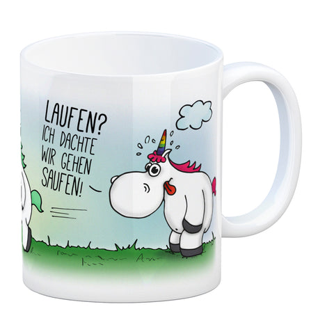 Honeycorns Kaffeebecher mit Einhorn Motiv und Spruch: Laufen? Ich dachte Saufen!