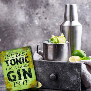 Metallschild mit Gin Tonic Motiv und Spruch: Best Tonic has Gin in it