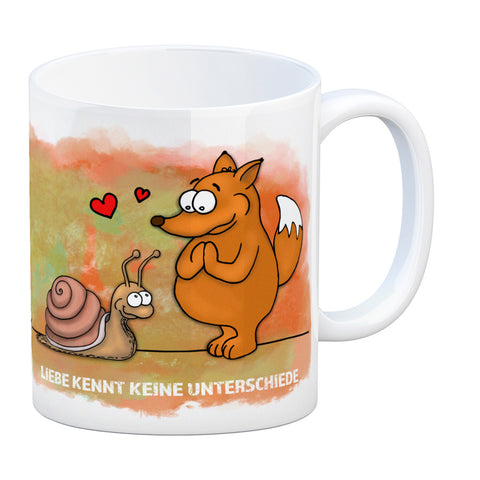 Kaffeebecher mit Fuchs und Schnecke Motiv und Spruch: Liebe kennt keine Unterschiede