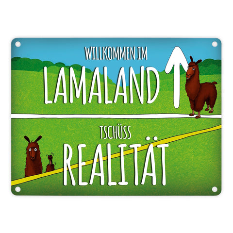 Metallschild mit Lama Motiv und Spruch: Willkommen im Lamaland