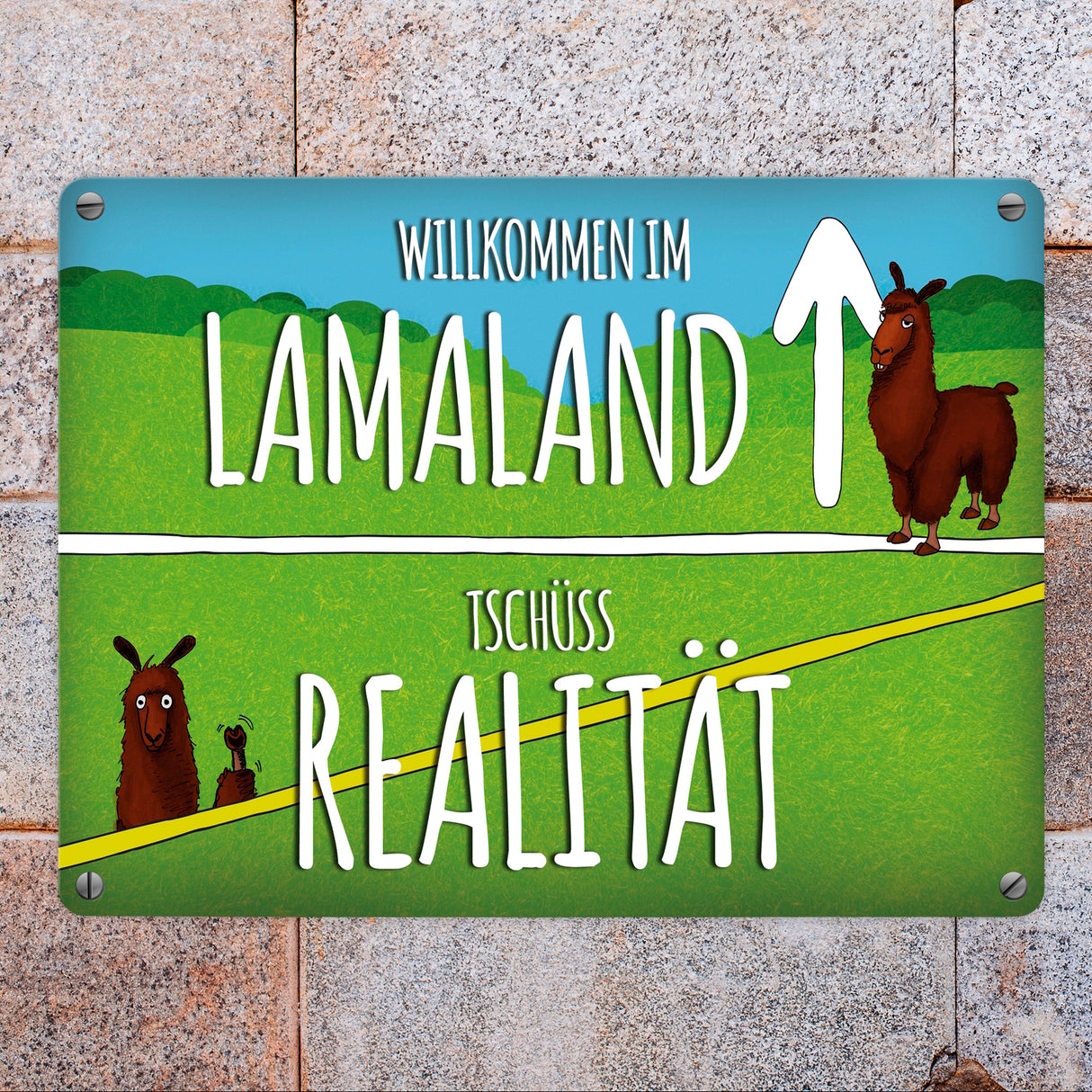 Metallschild mit Lama Motiv und Spruch: Willkommen im Lamaland