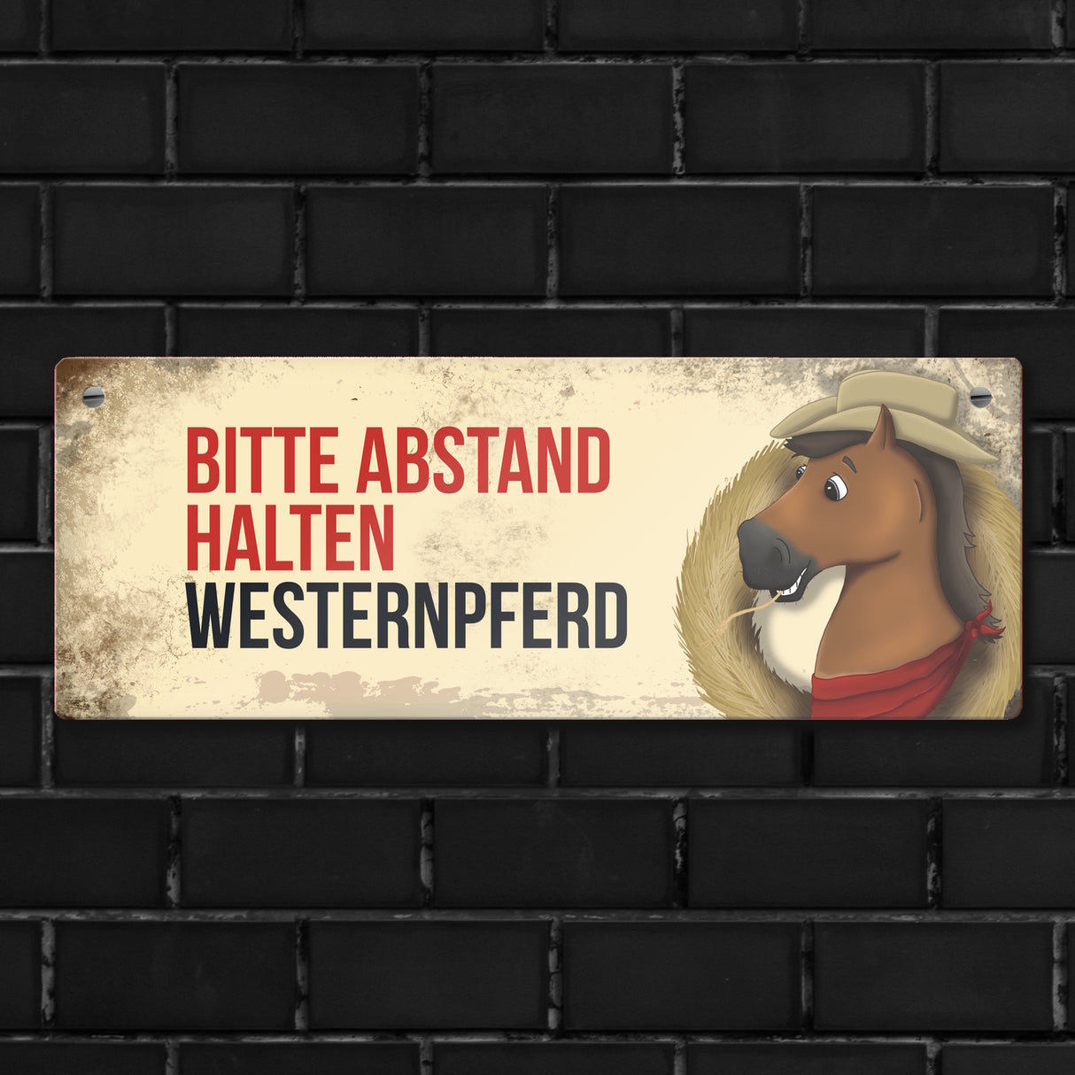 Metallschild mit braunem Westernpferd Motiv und Spruch: Bitte Abstand halten