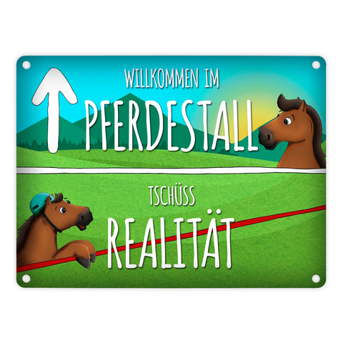 Metallschild mit Pferde Motiv und Spruch: Willkommen im Pferdestall