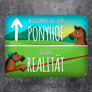 Metallschild mit Pferde Motiv und Spruch: Willkommen auf dem Ponyhof