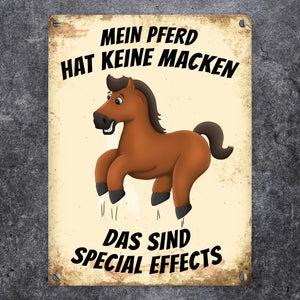 Metallschild mit Pferd Motiv und Spruch: Mein Pferd hat keine Macken, das ...