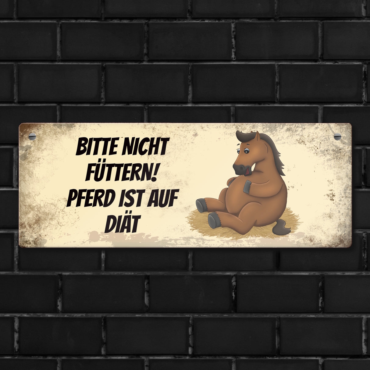 Metallschild mit braunem Pferd Motiv und Spruch: Bitte nicht füttern - Diät