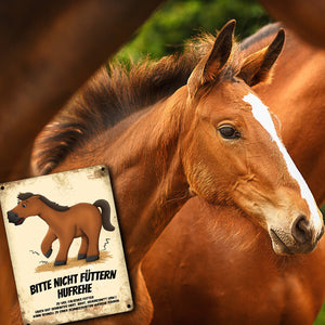 Metallschild mit Pferde Motiv und Spruch: Bitte nicht füttern - Hufrehe