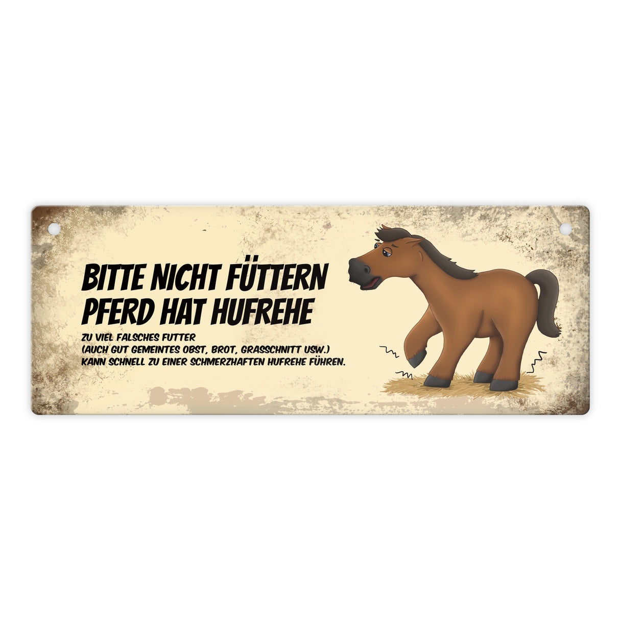 Metallschild mit braunem Pferd Motiv und Spruch: Bitte nicht füttern - Hufrehe