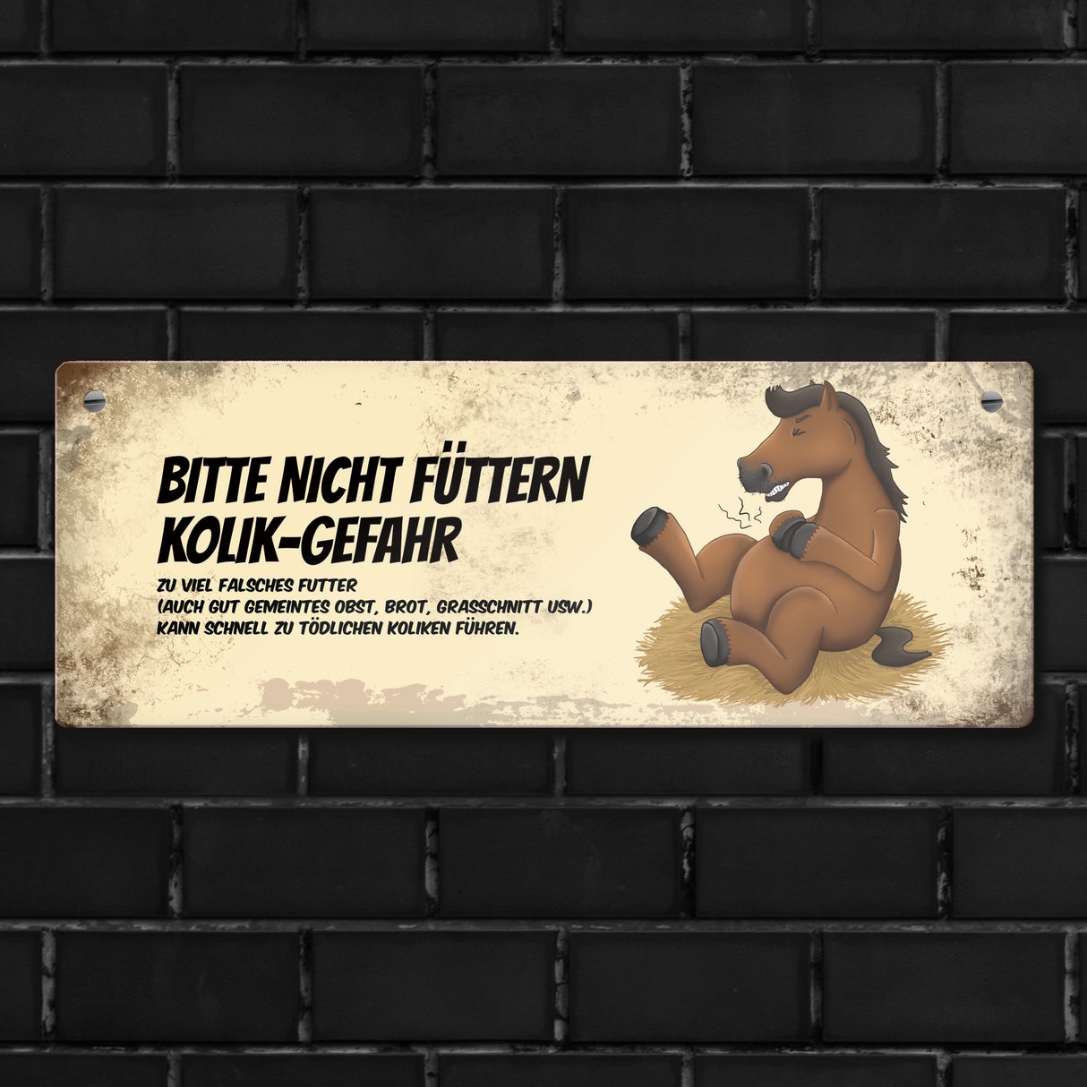 Metallschild mit braunem Pferd Motiv und Spruch: Bitte nicht füttern - Kolik-Gefahr