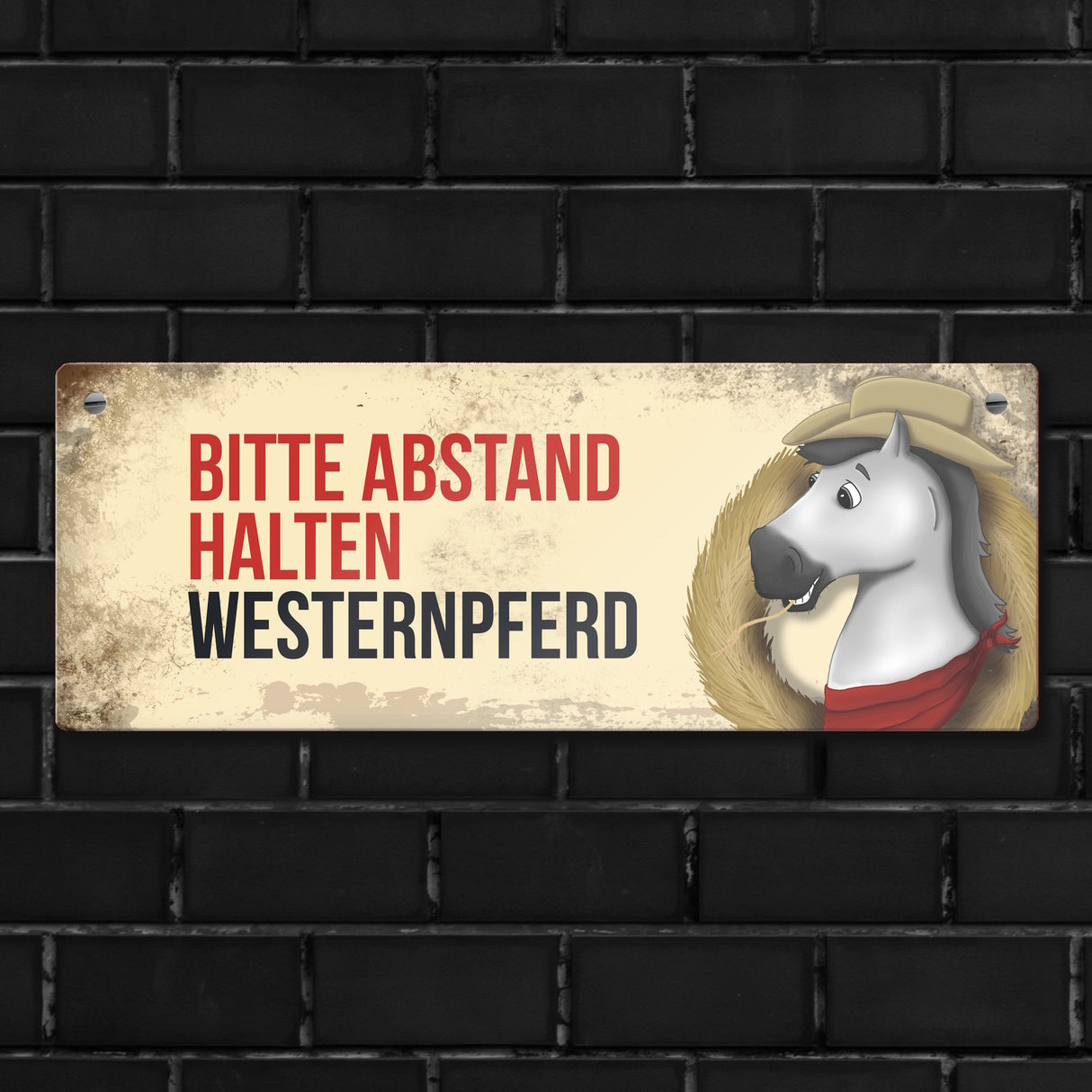 Metallschild mit weißem Westernpferd Motiv und Spruch: Bitte Abstand halten