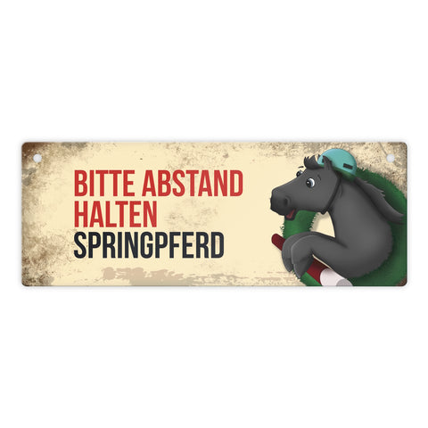 Metallschild mit schwarzem Springpferd Motiv und Spruch: Bitte Abstand halten