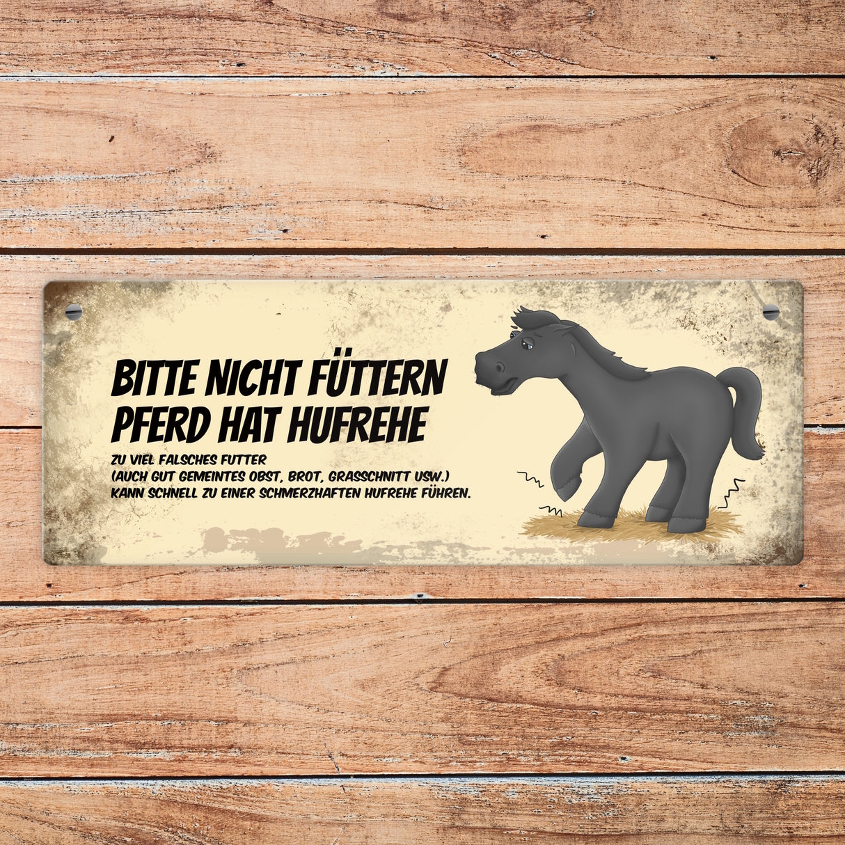 Metallschild mit schwarzem Pferd Motiv und Spruch: Bitte nicht füttern - Hufrehe
