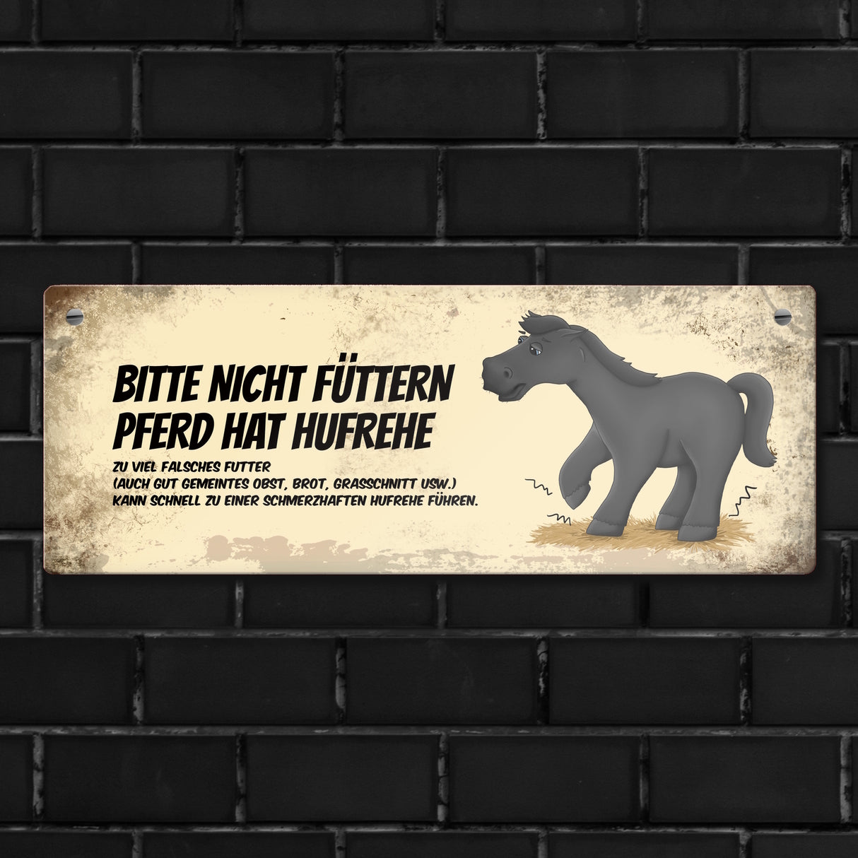 Metallschild mit schwarzem Pferd Motiv und Spruch: Bitte nicht füttern - Hufrehe