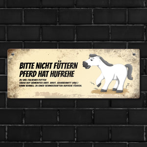Metallschild mit weißem Pferd Motiv und Spruch: Bitte nicht füttern - Hufrehe