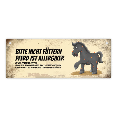 Metallschild mit schwarzem Pferd Motiv und Spruch: Bitte nicht füttern - Allergiker