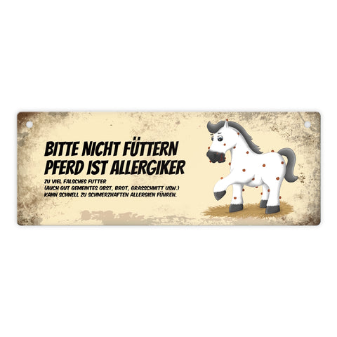 Metallschild mit weißem Pferd Motiv und Spruch: Bitte nicht füttern - Allergiker