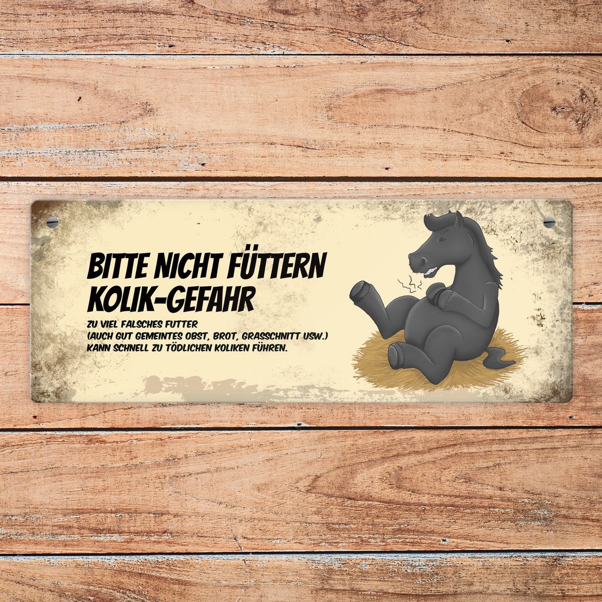 Metallschild mit schwarzem Pferd Motiv und Spruch: Bitte nicht füttern - Kolik-Gefahr