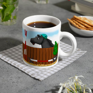 Kaffeebecher mit schwarzes Springpferd Motiv