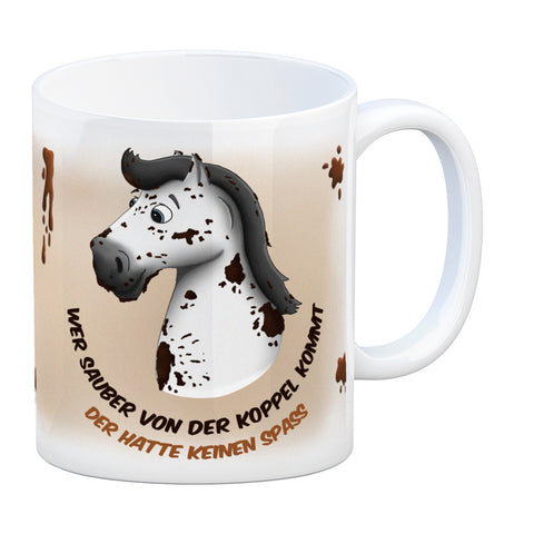 Kaffeebecher mit weißes Pferd Motiv und Spruch: Wer sauber von der Koppel kommt, ...