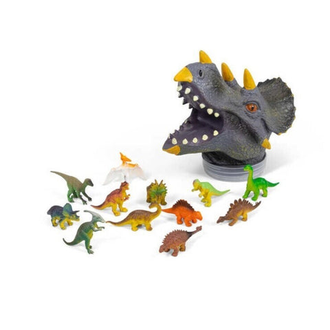 Dinosaurier Spielfiguren in einem Triceratops Kopf im 12er Set