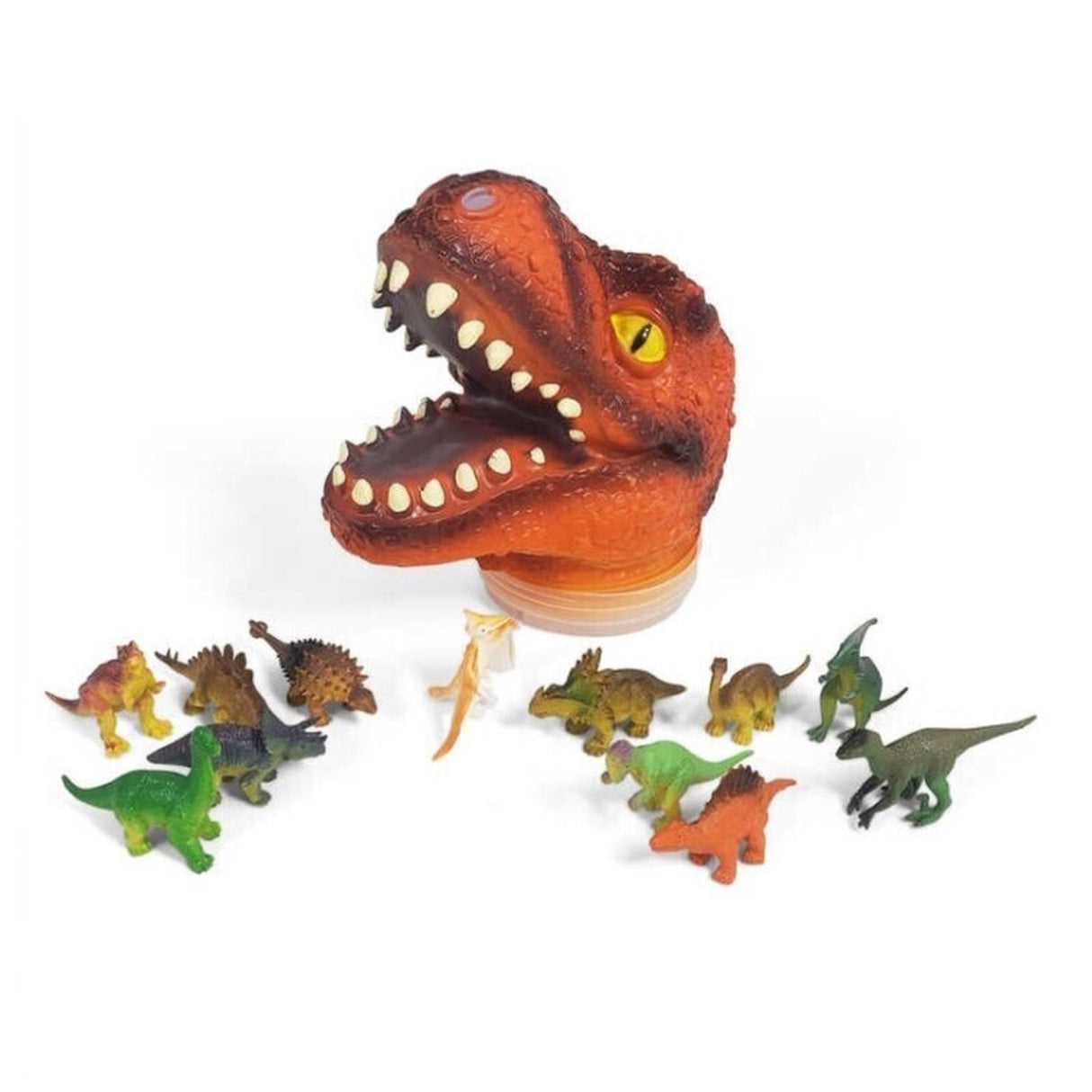 Dinosaurier Spielfiguren in einem T-Rex Kopf im 12er Set