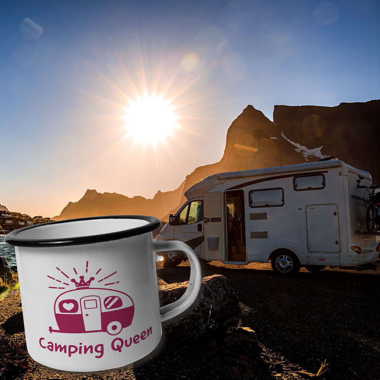 Camping Queen Emailletasse mit Wohnwagen