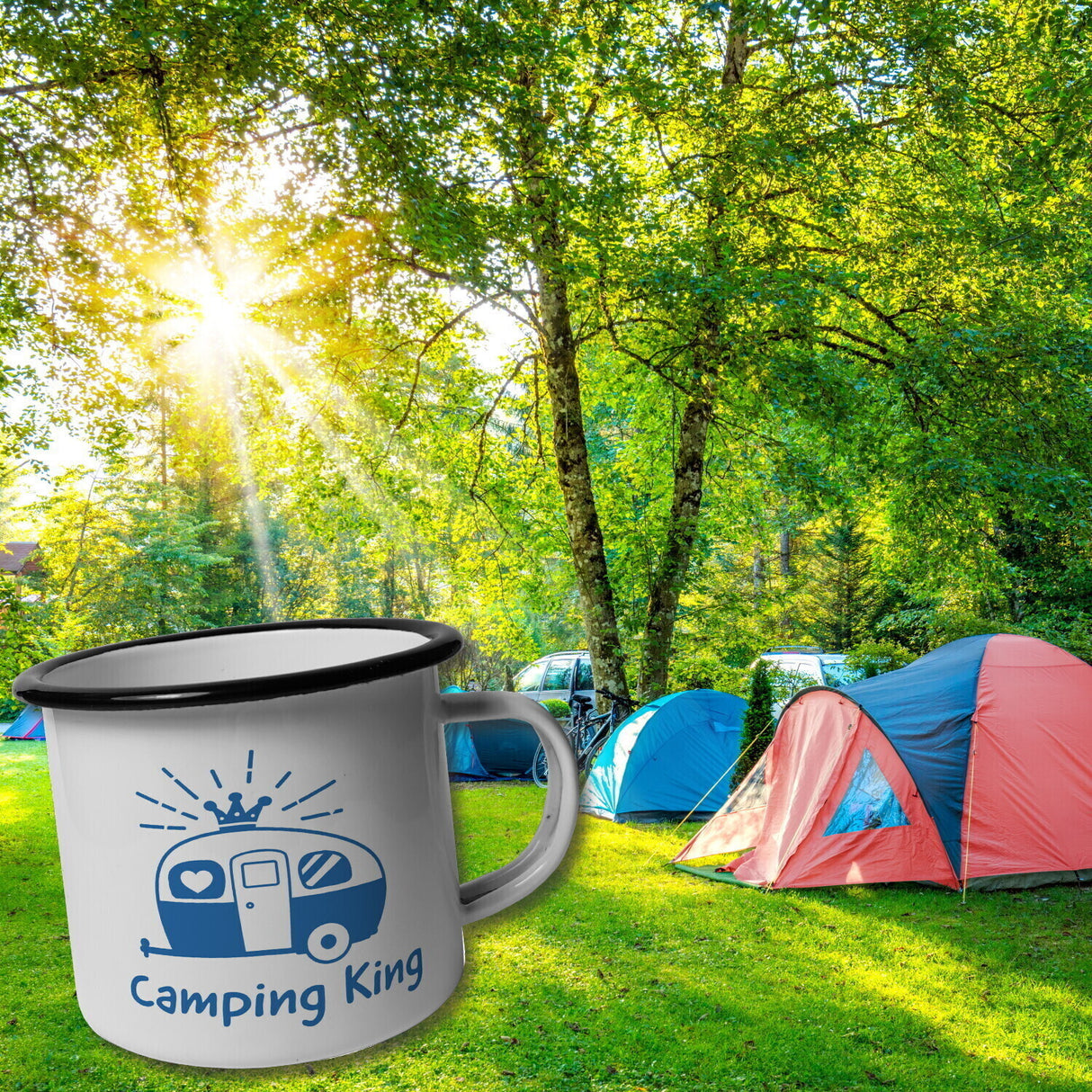Camping King Emailletasse mit Wohnwagen