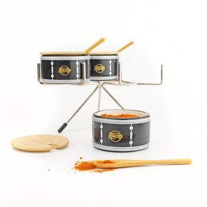 Schlagzeug Gewürzdose mit drei Behältern und Holzlöffeln