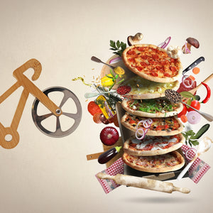 Fahrrad Pizzaschneider mit Holz-Ständer