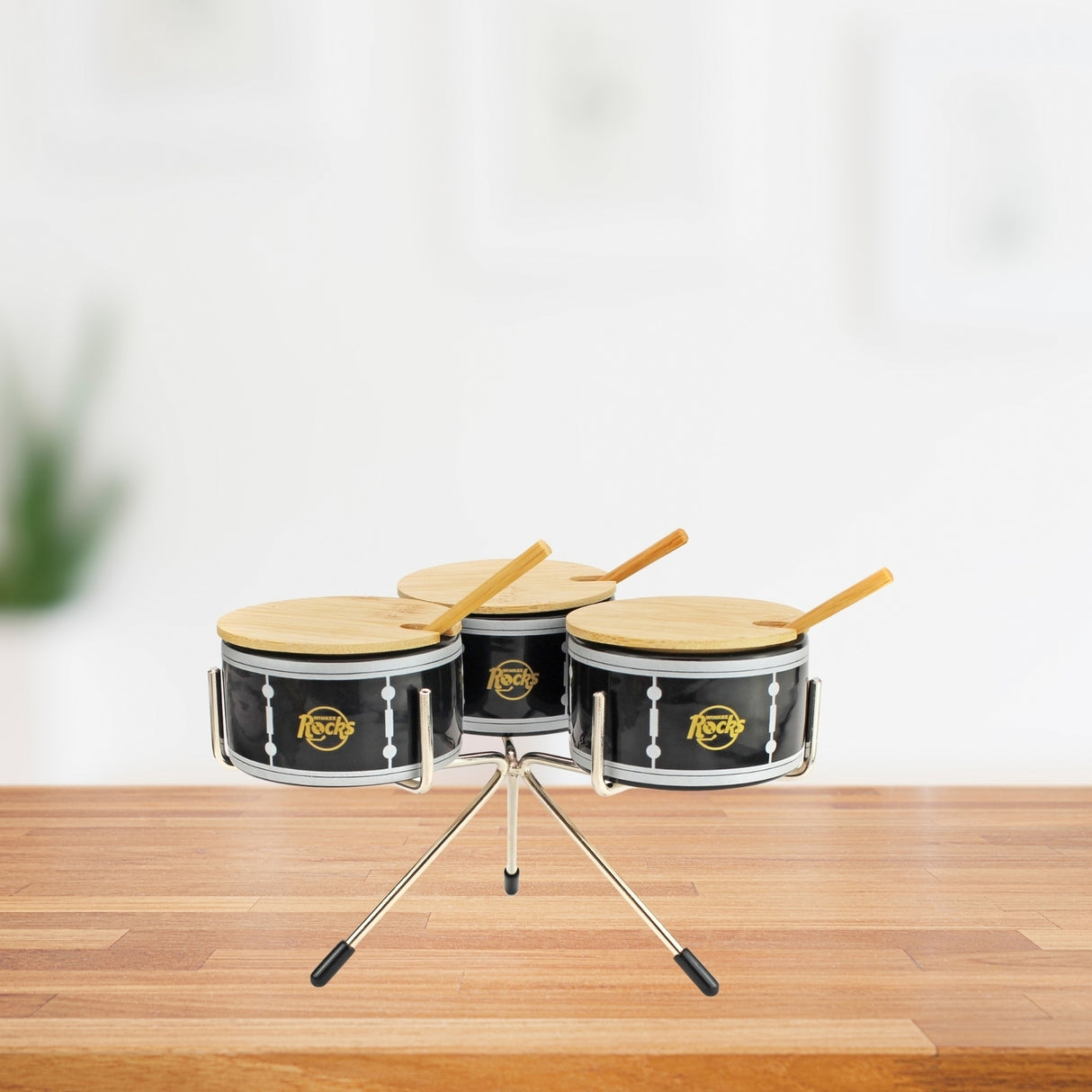 Schlagzeug Gewürzdose mit drei Behältern und Holzlöffeln