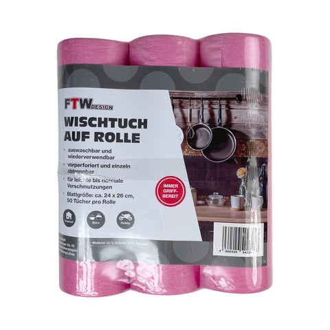Universal Wischtuch auf Rolle in pink 3x50 Tücher Putzlappen oder Reinigungstücher